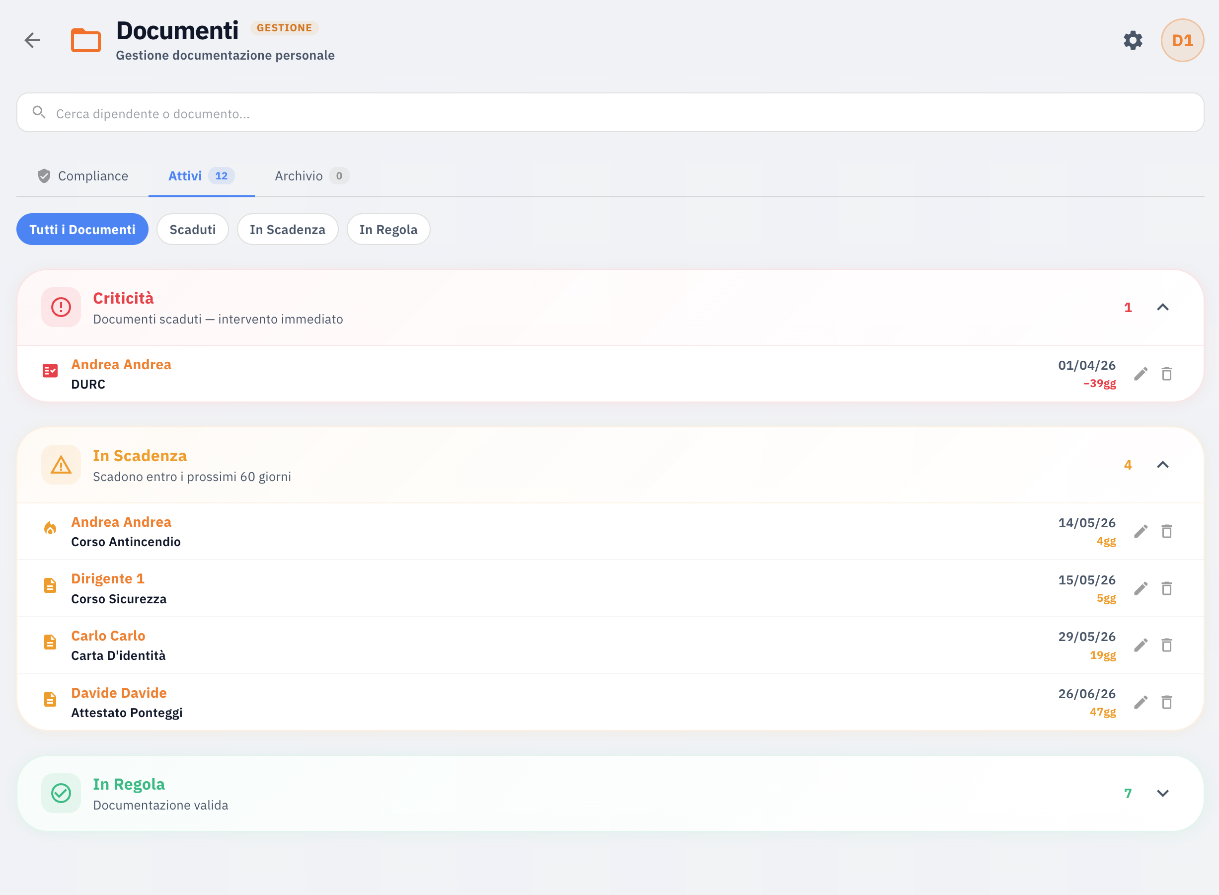 Gestione documenti azienda — dashboard scadenze